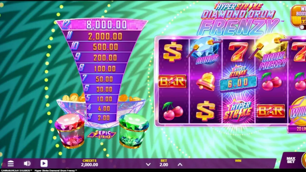 Tampilan visual slot Hyper Strike Diamond Drum Frenzy dengan nuansa neon retro