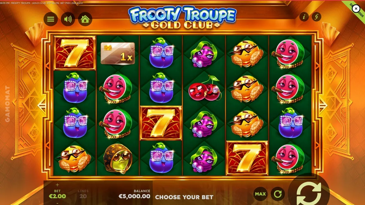 Tampilan antarmuka slot Frooty Troupe – Gold Club dengan nuansa emas dan mewah