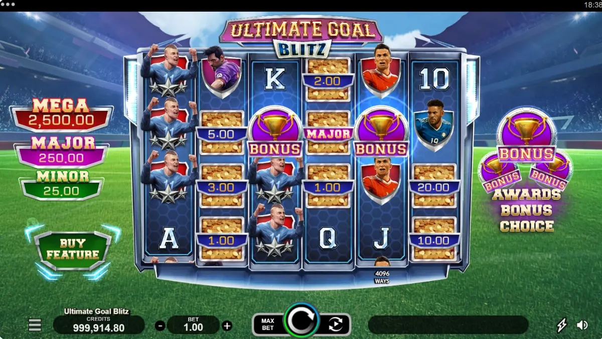 Tampilan visual stadion sepak bola dalam permainan slot Ultimate Goal Blitz